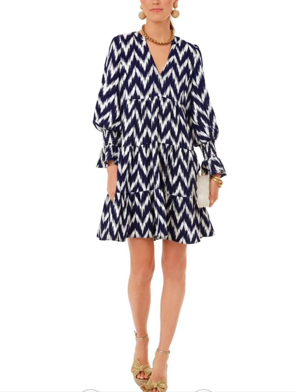 Pomander Place by Tuckernuck Navy Ikat Kenzo Ruffle Sleeve V-Neck Mini Dress L